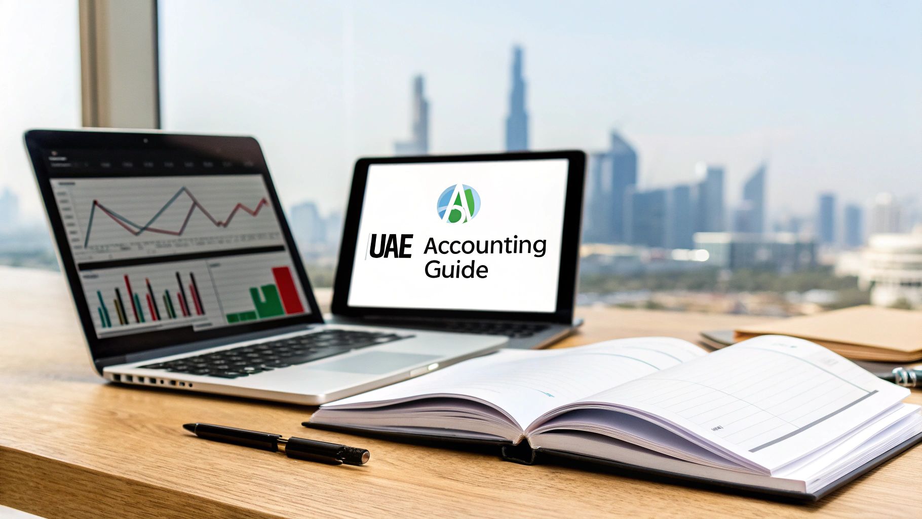 Accounting desk overlooking the Dubai skyline